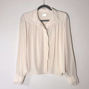 ARITZIA LE FOU WILFRED Silk Lace Collar Trim Ivory Long Sleeve Shirt Blouse